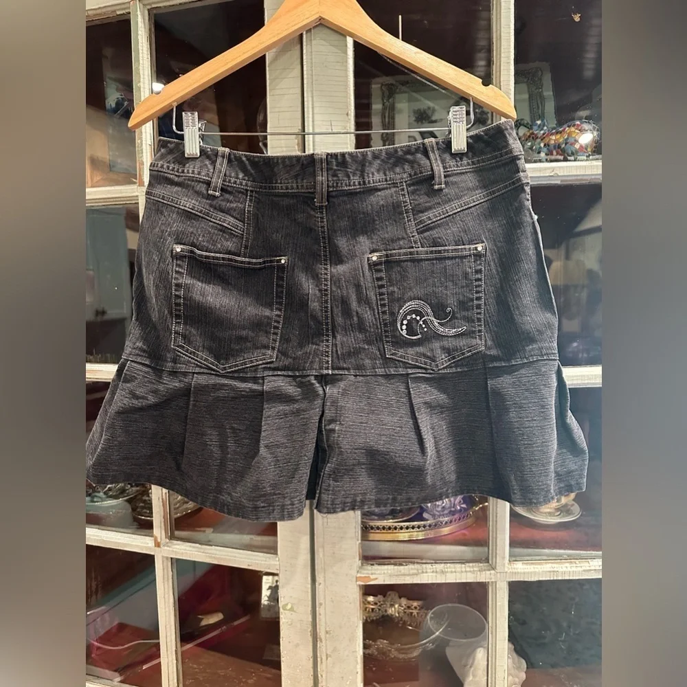 French Cuff Denim Mini Skirt Dark Wash Rhinestone Embellished Pleated Hem